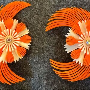 Vintage Plastic Orange and White Floral Earrings - Clip-On Style